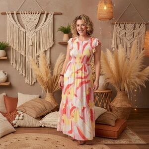 LuLaRoe Grace Ruffle Sleeve Smocked Maxi Dress